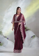 India Silk Deep Maroon Sarees Made From Crepe Satin Silk Blend Traditional Craftsmanship With A Soft Elegant Texture